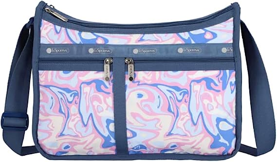 LeSportsac Radiant Reflections Deluxe Everyday Crossbody Bag + Cosmetic Bag, Style 7507/Color E541, Abstract Retro Swirls & Hearts, Soft Pastels: Blue, Pink, Amethyst & Cream, Subtle Iridescent Sheen