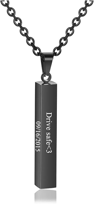 Zysta Engraving 3D Bar Name Necklace Personalized Text Message Cool Simple Design Women Customized Dangle Vertical Cuboid Stick Pendant Necklaces Stainless Steel Birthday Gift