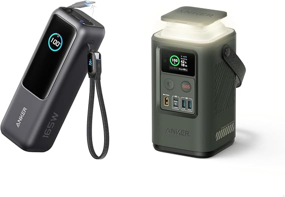 Anker Power Bank 25K 165W with Built-in USB-C and Retractable Cable Power Station 60,000mAh 87W with Smart Display, Lighting, SOS Mode, and Home Backup for Travel and Camping