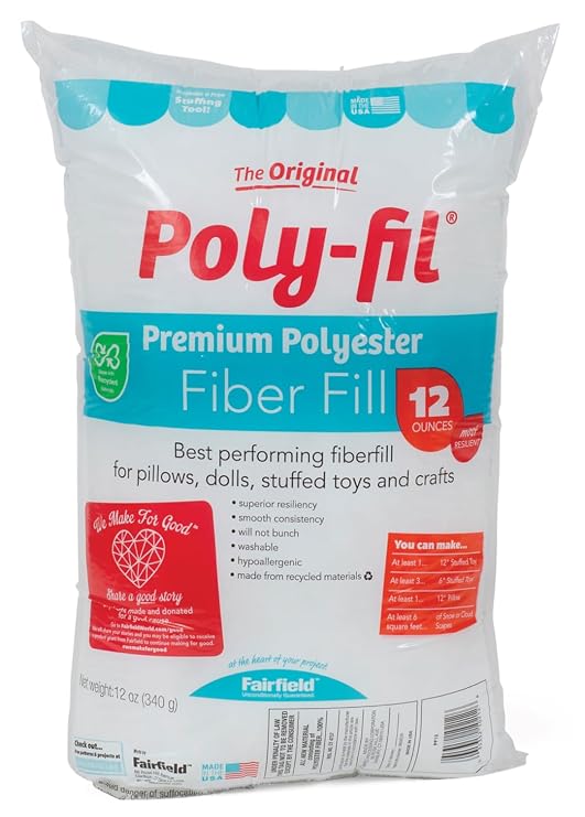 Fairfield The Original Poly-Fil, Premium Polyester Fiber Fill, Soft Pillow Stuffing, Stuffing for Stuffed Animals, Toys, Cloud Decorations, and More, Machine-Washable Poly-Fil Fiber Fill, 12 oz. Bag