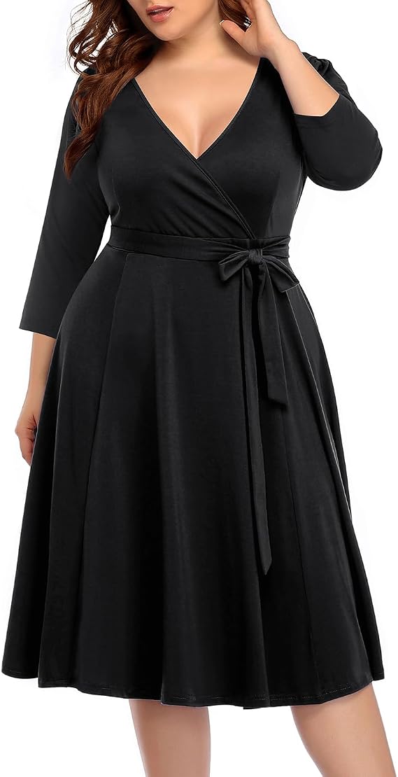 Pinup Fashion Plus Wedding Guest Semi Formal 3/4 Sleeve Wrap Knee Dress