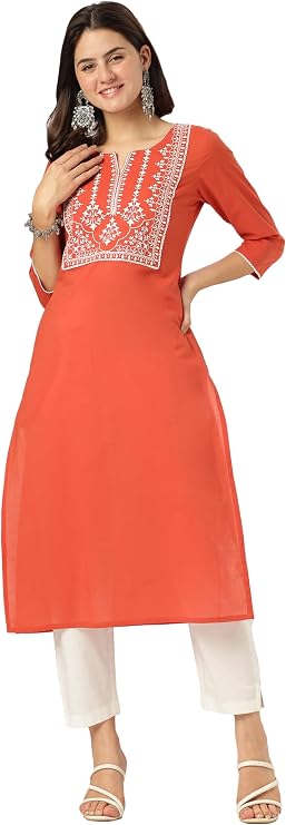 Janasya Indian Women's Cotton Rust Yoke Embroidered Casual Wear Kurta for Women
