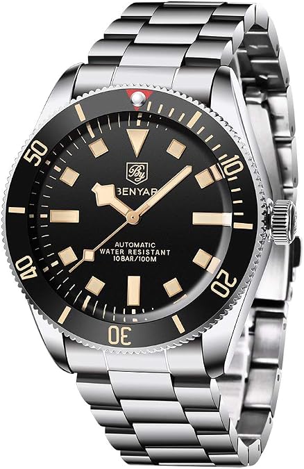 BENYAR Men's Automatic Watch, Stainless Steel Belt One-Way Aluminum Bezel Fashion Casual Waterproof Mechanical Watch Automatic