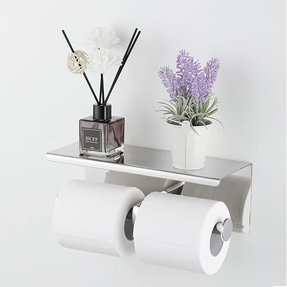 Brushed Nickel Toilet Paper Holder with Shelf Heavy Duty 304 Stainless Steel Wall Mount Double Roll Holder, Fits Mega Rolls & Holds Phone Rustproof Bathroom Organizer