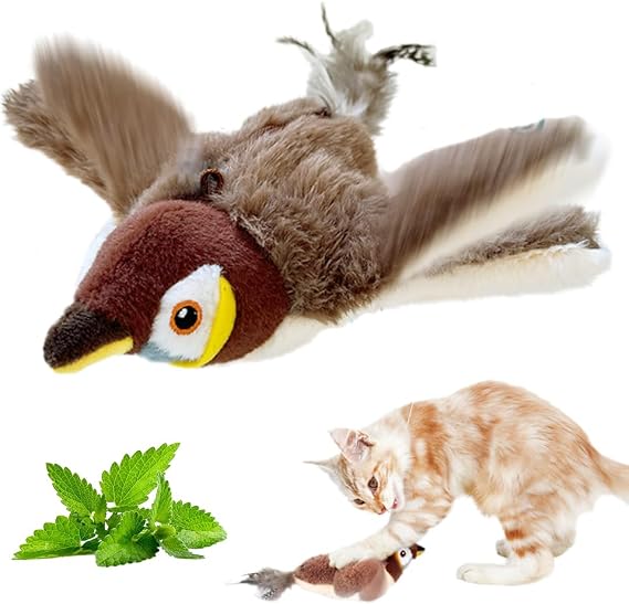 Interactive Chirping Bird Cat Toy, 2025 New Flying Bird Cats Toy, Simulated Chirping Birds Cat Toy Wings, Plush Cats Toys for Indoor (Sparrow)