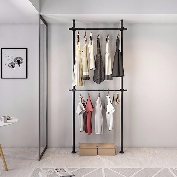 2 Tier Closet Organizer Garment Rack, Garment Racks Stainless Steel Clothes Storage Rack Adjustable Height 43.3-120 inches Clothing Hanging Rack Black