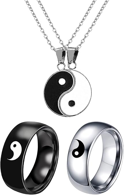 HUASAI 4Pcs Yin Yang Necklace Ring Set for Friend or Couple Rings with Necklace Set Yin Yang Couple Necklace Ring for Friendship Boyfriend Girlfriend
