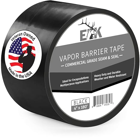 ELK Vapor Barrier Tape - 4 x 180ft - PE 7mm Polyethylene Seam Tape - Moisture Barrier Seam & Seal for Crawlspace Encapsulations or Waterproof Marine Tape - Black