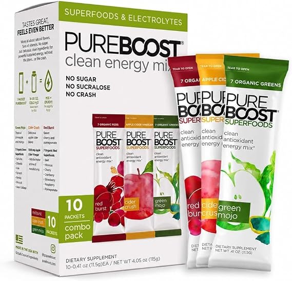 Pureboost Sugar-Free Superfoods Clean Energy Drink Mix, Combo Pack 10ct