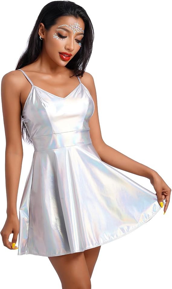 Women Metallic Holographic Dress Rave Outfit Halloween Alien Cowgirl Costume Spaghetti Straps Club Party Disco Dress