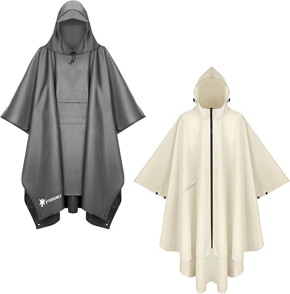 PTEROMY Hooded Rain Poncho with Pocket(Grey)+Hooded Rain Poncho with Pocket and Zipper(Beige)