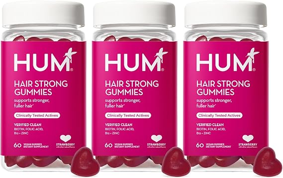 HUM Hair Strong Gummies Biotin, Zinc & Vitamin B12, Hair Growth, 60 Count | Folic Acid, Fo-Ti Root Extract, Biotin & Zinc, Vegan Strawberry Gummies, 3-Month Supply, Non-GMO