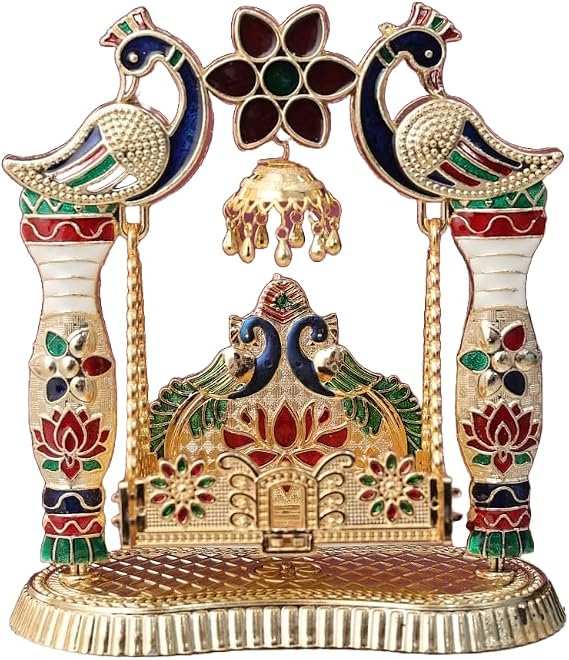 Quasar Pickcock Jhula Laddu Gopal Plastic Jhula Janmashtami Swing Hindola Palana, Krishna Jhoola meenakari Work for Decorative Laddu Gopal Fantasy 18x22 CM (Pack of 1)
