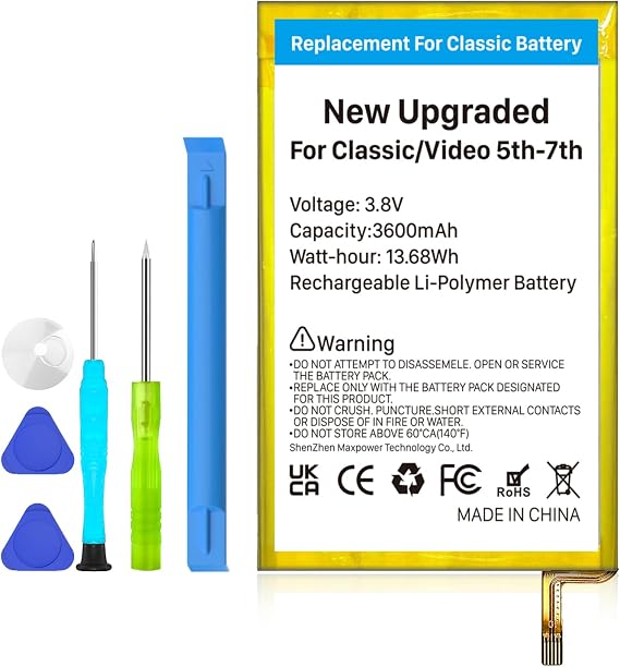 Battery Replacement for iPod Classic/Video, (2026 New Upgrade) 3600mAh Ultra High Capacity Lithium Polymer Battery Compatible with iPod Classic/Video