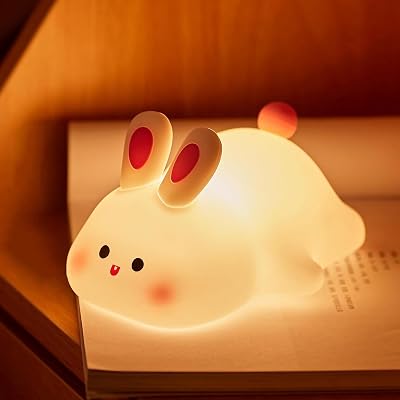 Big Face Rabbit Light, Rabbit Night Lights for Gifts, Cute Silicone Bunny Lamp, 3 Level Dimmable Squishy Nightlight, Rechargeable Bedside Touch Soft Lamp for Breastfeeding White