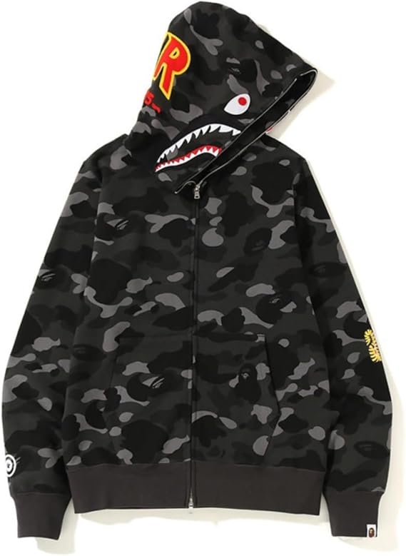 24ss Paar Trendy Hip-Hop Top Bap Jugend Casual Camouflage Hai Stickerei Print Lose Kapuzen Sweatshirt-color2||M