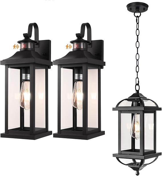 2-Pack Black Motion Sensor Dusk to Dawn Outdoor Lights 18 Inch Large Plus 1-Pack Black Outdoor Pendant Light IP 65 Waterproof
