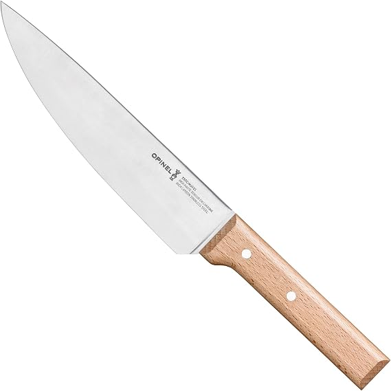 Opinel Parallele Chef Knife Classic Size for Chopping, Slicing, Prep Work, Beechwood Handle, High Carbon X50CrMoV15 Stainless Steel, Made in France