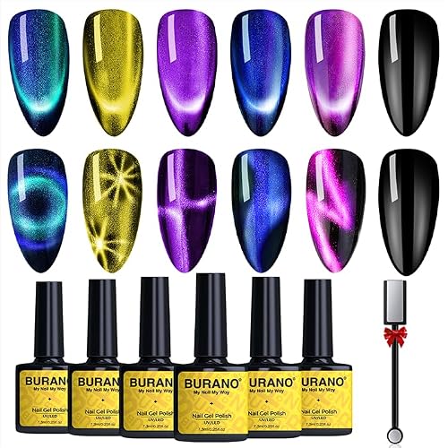 BURANO 9D Cat Eye Magnetic Nail Gel Polish 6 Colors with Magnet Stick Set Cateye Nail Polish Gel Soak Off UV LED Gel