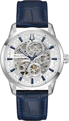 Bulova Sutton Automatic Skeleton Dial Blue Leather Strap Watch 40mm - 96A330