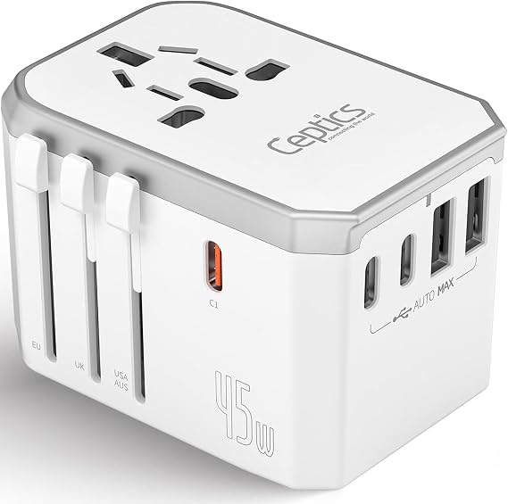 Ceptics 45W Universal Power Adapter w/ 3 USB-C, 2 USB-A & Universal Input | Travel Adapter Worldwide for USA, EU, UK, AU & more, Type A, C, G & I Plugs, PD 45W USB-C Universal Adapter, 6 in 1 design