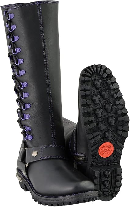 Milwaukee Leather Women's Black 14-inch Leather Harness Motorcycle Boots with Purple Accent Lacing MBL9366