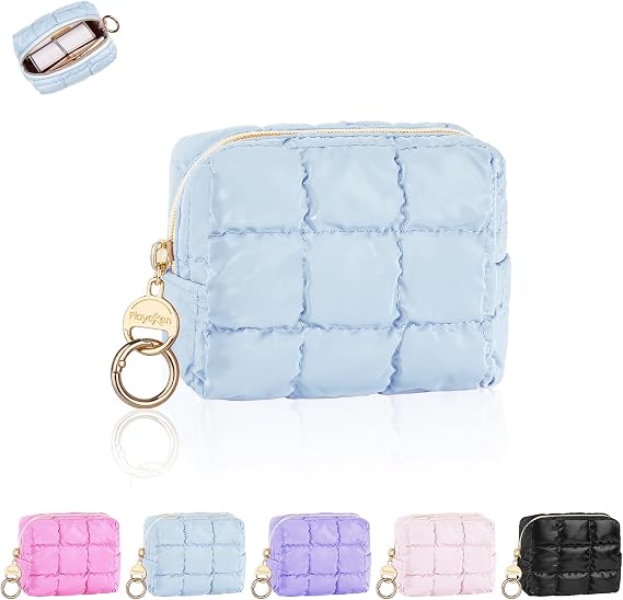 Puffy Mini Makeup Bag, Cute Quilted Small Cosmetic Bag for Purse, Portable Travel Makeup Pouch for Lipsticks, Chapsticks, Earphone, Credit Card, Birthday/Wedding/Christmas Gifts (Blue)