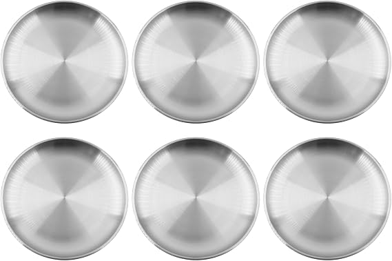304 Stainless Steel Plates,Silver Round Dinner Dishes,Feeding Serving Camping Plates,Reusable Dinner Plates,Durable Metal Plates, Double Walled Plates for Picnic BBQ Steak 6PCS,26cm/10.24''