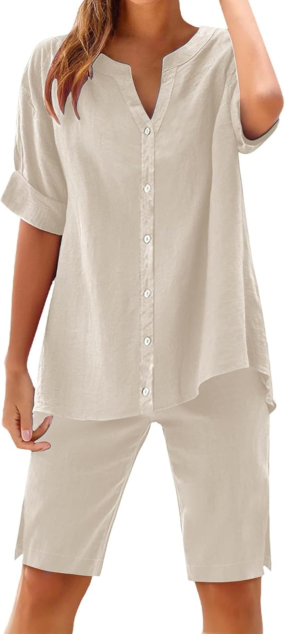 Linen Lounge Wear Sets for Women UK Full Set Lounge Wear Co Ord Sets Ladies Travel Outfits 2 Piece Set Outfit Long Sleeve Blouse and Pant Set