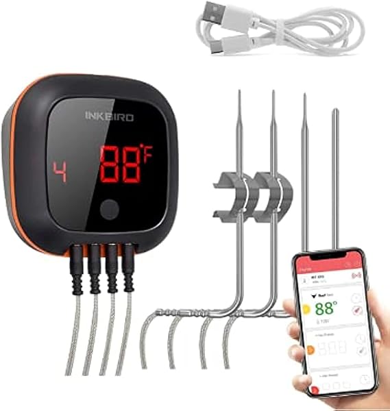 Inkbird Bluetooth Digital Wireless Meat Thermometer with 4 Probes Timer, Alarm,150 ft Barbecue Cooking Kitchen Food Meat Thermometer for Grill BBQ Smoker, Oven, Drum