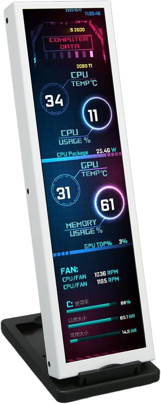 8.8 Inch USB Mini Screen, 1920x480 for aida64 PC CPU HDD Data Monitor Computer Temperature Display, Mini Secondary Screen PC Temp Monitor, Chassis Screen, White