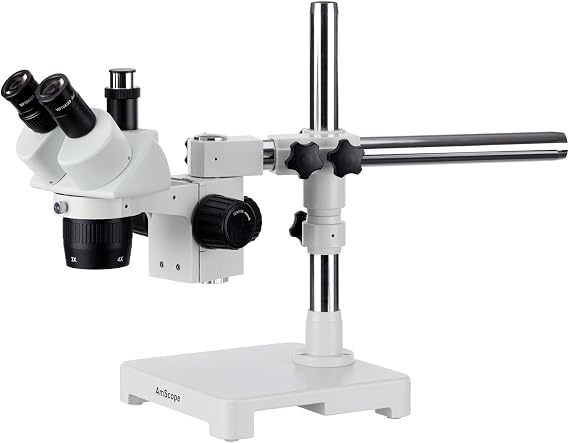AmScope SW-3T24Y Trinocular Stereo Microscope, WH10x Eyepieces, 20X/30X/40X/60X Magnification, 2X/4X Objective, Single-Arm Boom Stand, Includes 1.5x Barlow Lens
