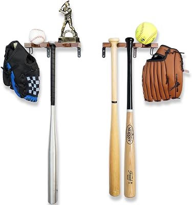Baseball Bat Wall Mount - 2-Pack Wooden Display Case, Softball Rack Holds 6 Bats, Gloves, Helmets - Holder for Dugout, Home and Garage