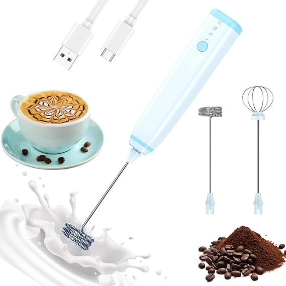 Milk Frother Handheld Electric Foam Maker, Rechargeable Type-C Waterproof Drink Mixer with 2 Heads Detachable Stainless Steel Whisk 3 Speeds for Cappuccino, Bulletproof Coffee, Latte, Egg
