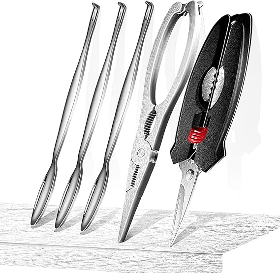 Premium Seafood Cracker Set Stainless Steel Crab Leg Crackers, Lobster Sheller Scissors & 3 Forks with Storage Box Heavy-Duty Tools for Crab, Lobster, Shellfish, Nuts (2 Sets)