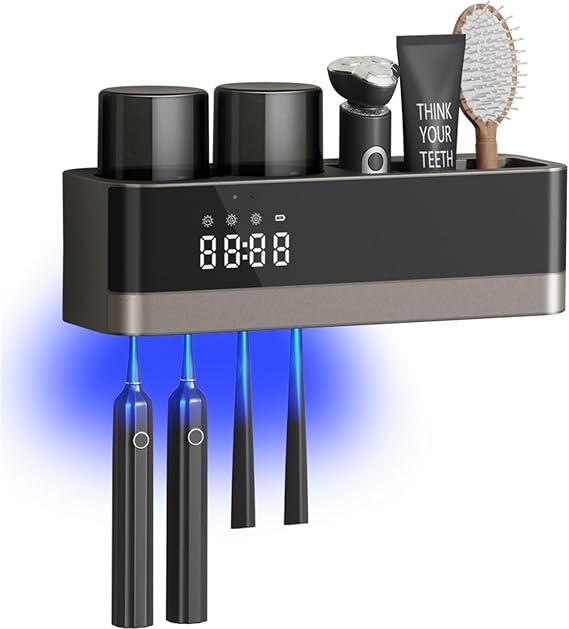 Toothbrush Holders for Bathrooms,2 Cup Rechargeable Electric Toothbrush Holder with Storage,Smart Cleaning and Wireless Hot Air Drying, 4 Slots Wall Mounted Toothbrush Holder Bathroom Decor (Black)