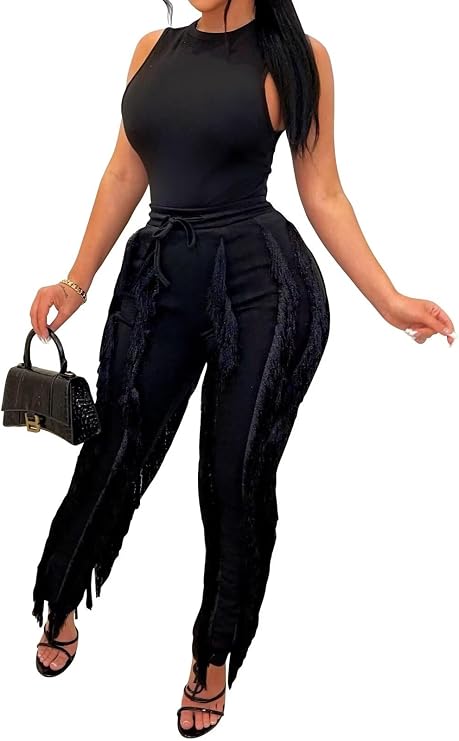 EDITCOZY Women Sexy Two Piece Outfits Fringe Pants Set Club Party Going Out