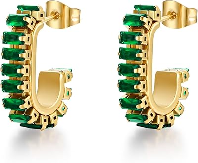 Green Crystal huggie gold hoop earrings for women Girls,14K Gold Plated with 925 Sterling Silver Post color Cubic Zirconia dainty cute Earrings| CZ Stud Earring