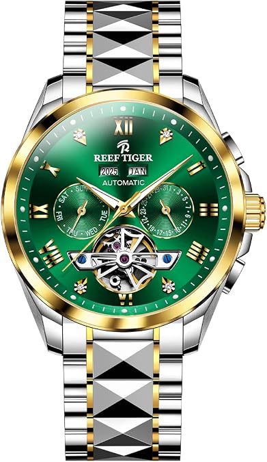 REEF TIGER Sharp Stainless Steel Luminous Mechanical Watch Fashion Tourbillon Designer Two-Tone Water Resistant Automatic Watch RGA8235