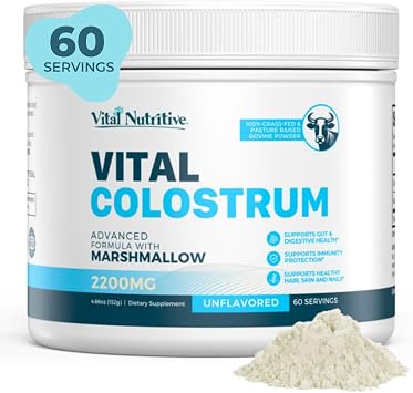 Vital Colostrum Powder for Gut and Immune Support High IgG Content Grass-Fed Bovine Source Organic Colostrum,Unflavored Powder, Non-GMO,Gluten-Free, Made in USA - 60 Servings