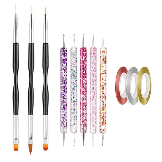 Nail Art Tool, 5 Pcs Nail Dotting Pens, 3 Pcs Nail Brushes and Nail Liner Pens, 3 Pcs Nail Art Striping Tape Lines, Nail Art Design Tools