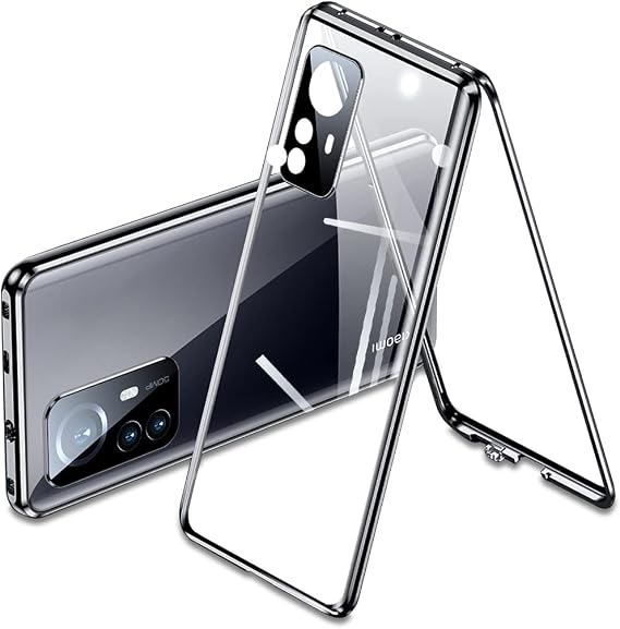 QUIETIP Case Compatible Xiaomi 12 & Xiaomi 12X,Magnetic Thin Body Metal Frame Double Sided Clear Tempered Glass Shockproof with Camera Protection Cover,Black