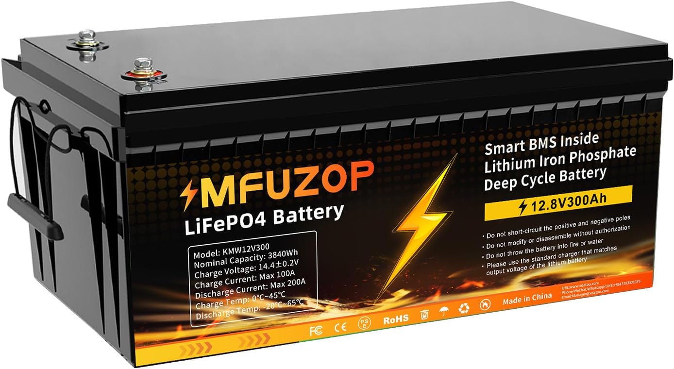 12V 300Ah LiFePO4 Lithium Battery, 3840Wh Deep Cycle Rechargeable Battery with Built-in 200A BMS, High Capacity Power Storage for Solar Off-Grid Systems, Home Backup, RV, Camping, and Marine