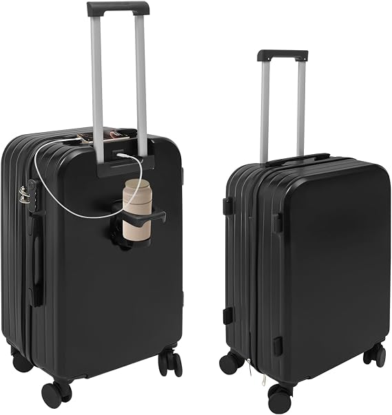 Carry On Luggage with Cup Holder and USB Port | 24 Inch Travel Luggage Suitcase | Carry On Travel Suitcase with Lock | Hard Shell Suitcases with Spinner Wheels (Black, 24-inch)