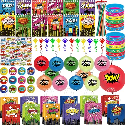 134 Pcs Hero Party Favors Birthday Decorations - Spiral Notebook, Gift Bag, Punch Balloons, Pencils, Sticky Hands, Bracelets, Stickers, Button Pin Badges for Gift Bag Fillers, Parties, Carnival Prizes