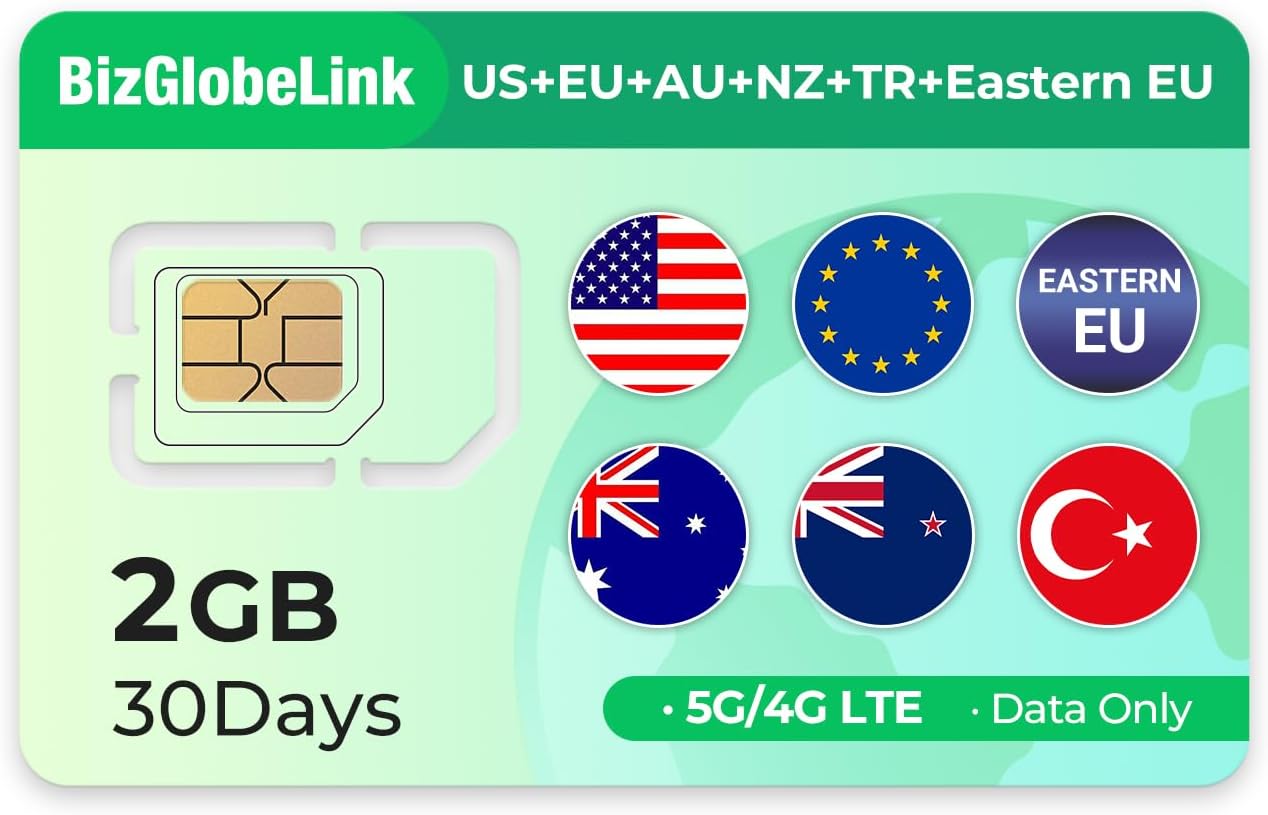 EIOTLCUB Global Travel SIM Card 2GB Data 30 Days Valid Rechargeable 5G for Turkey USA Australia New Zealand 33 Countries in Europe Eastern Europe No Phone Number No Contract