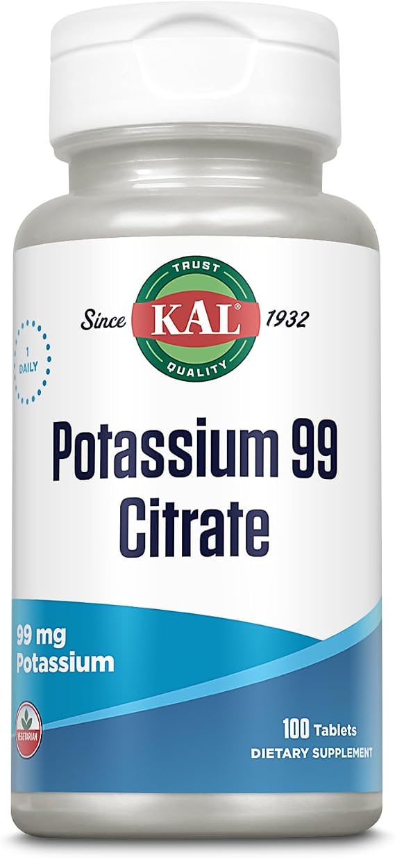 KAL Potassium Citrate 99mg, Fluid and Electrolyte Balance, Potassium Supplement for Muscle, Nerve and Heart Health Support, Vegetarian, Enhanced Absorption, 100 Serv, 100 Tablets