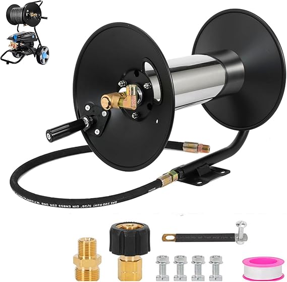 Pressure Washer Hose Reel,100FT Power Washer Hose Reel 3/8" NPT Outlet Pipe Heavy Duty Steel High Pressure Washer Reel 4000 PSI with Hand Crank Swivel Arm