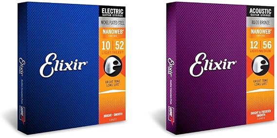 Elixir Electric & Acoustic Guitar Strings with NANOWEB Coating, 6 String Sets, Light/Heavy 10-52 & Light/Medium 12-56