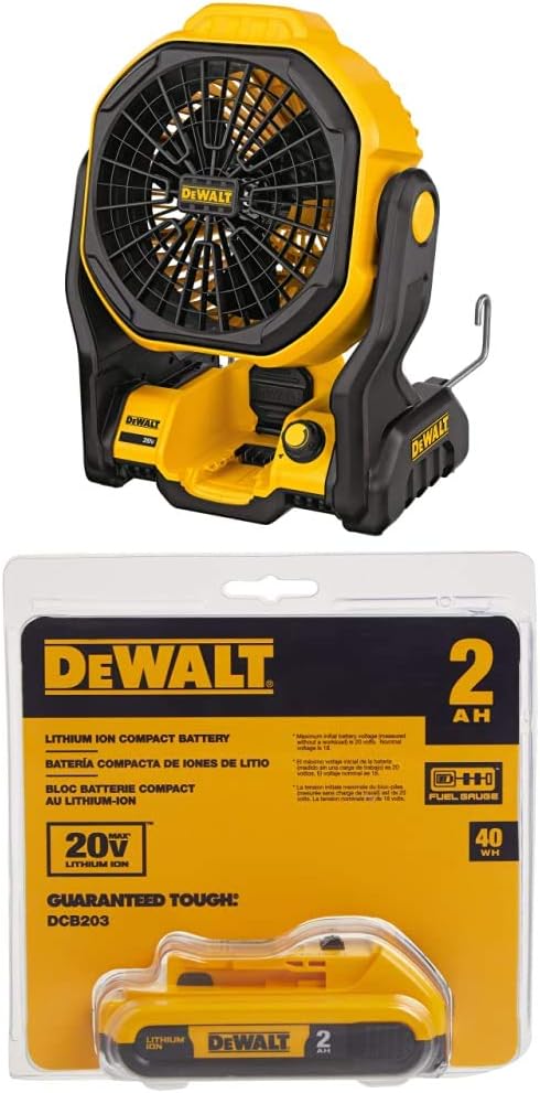 DEWALT DCE511B 11" Corded/Cordless Jobsite Fan and DCB203 20V Max 2.0AH Compact XR Li-Ion Battery Pack
